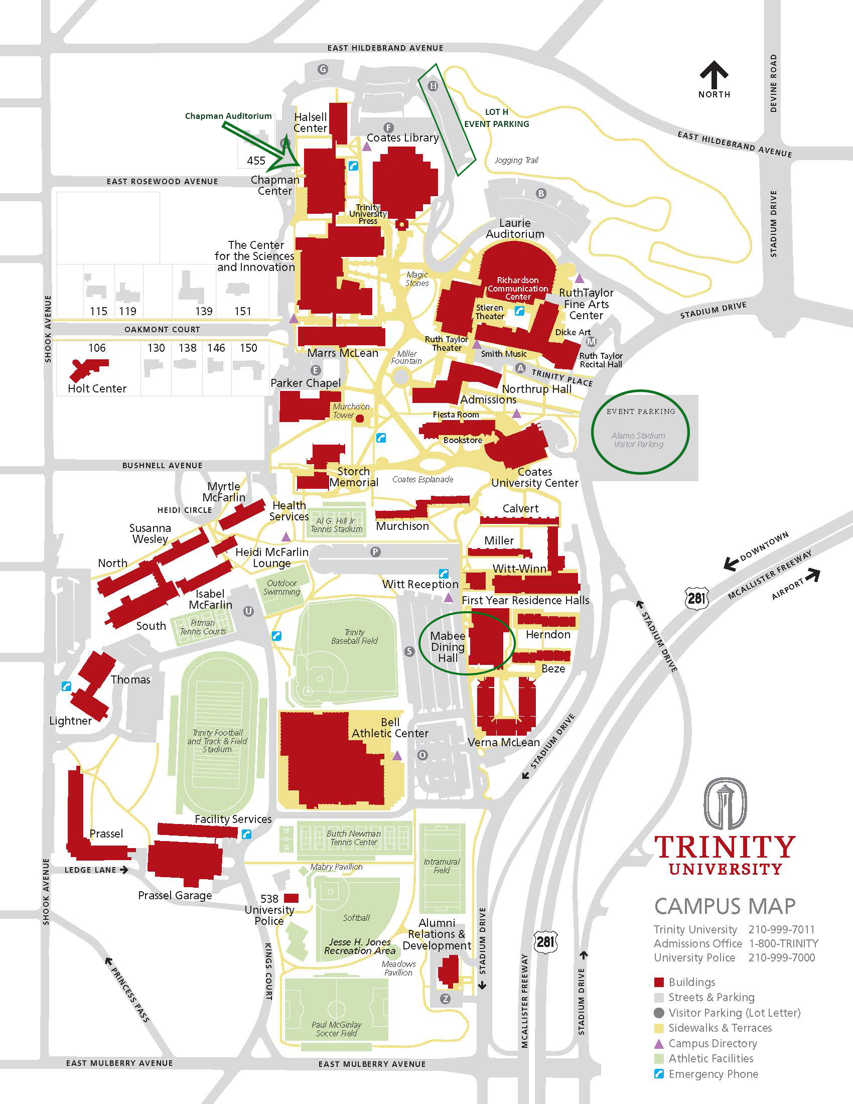 Map of the Trinity University campus. Chapman Auditorium is located near Lot H Event Parking, and next to Halsell Center and the Center for the Sciences and Innovation at Rosewood Avenue near the northwestern corner of campus.